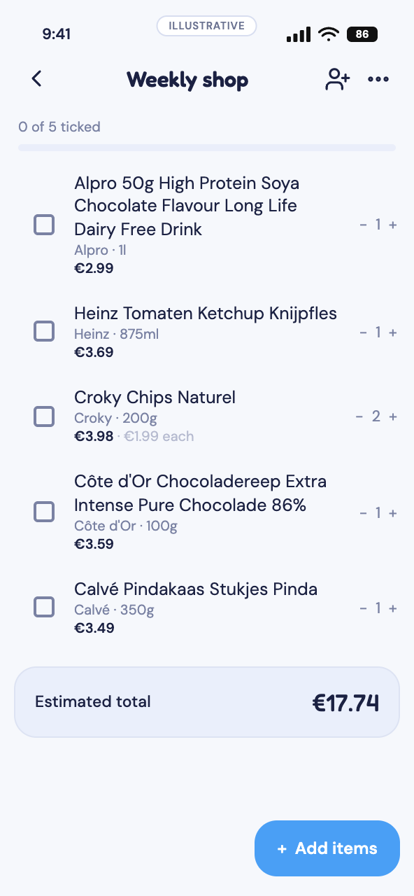 Tallywise shopping list — shared, with each item priced and a running total.