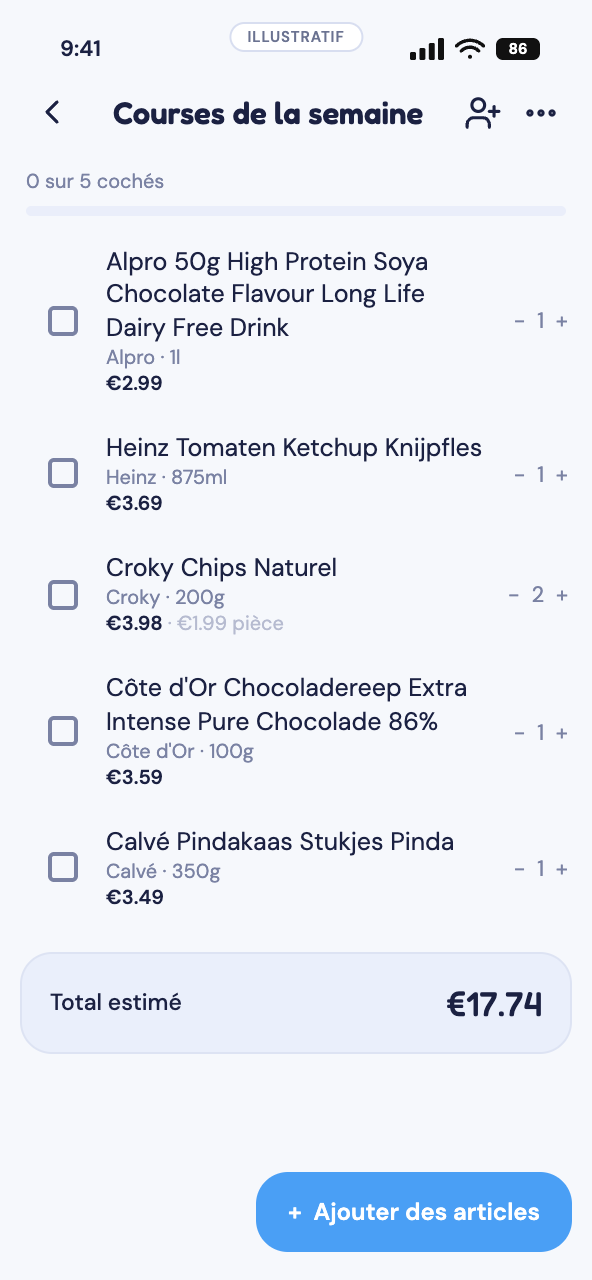 Liste de courses Tallywise — partagée, chaque article chiffré avec un total en direct.