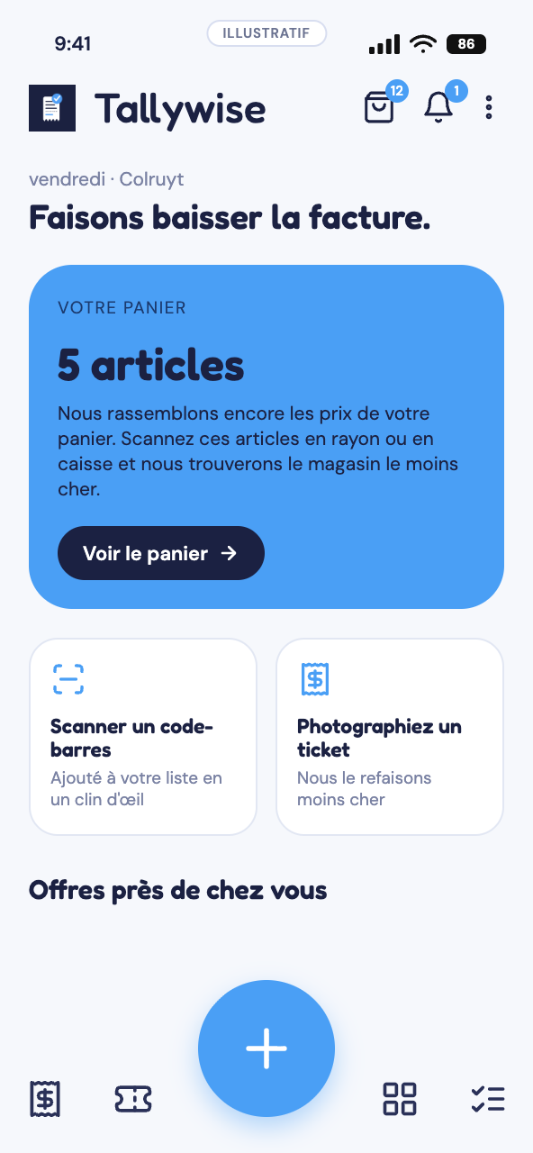 Écran de scan Tallywise — scannez un code-barres ou photographiez un ticket de caisse.