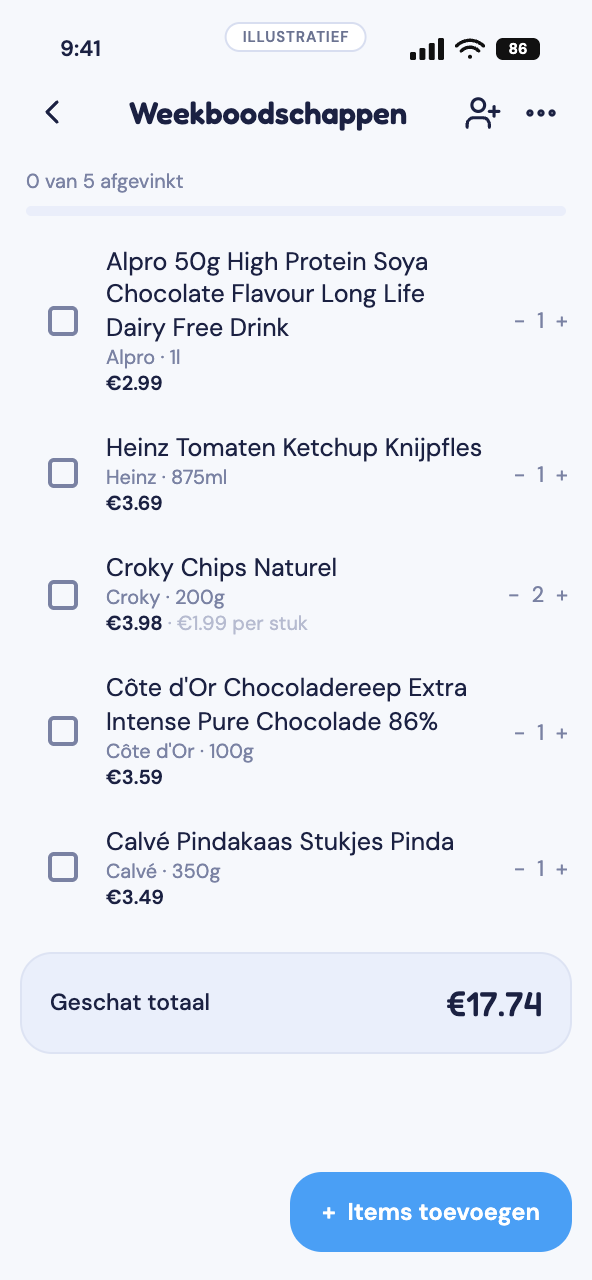 Tallywise-boodschappenlijst — gedeeld, met elk item geprijsd en een lopend totaal.