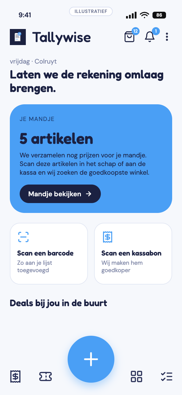 Tallywise-scanscherm — scan een streepjescode of maak een foto van een kassabon.