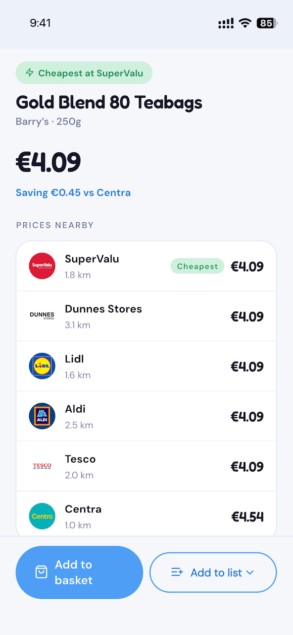 Tallywise product screen — one product priced across every supermarket.