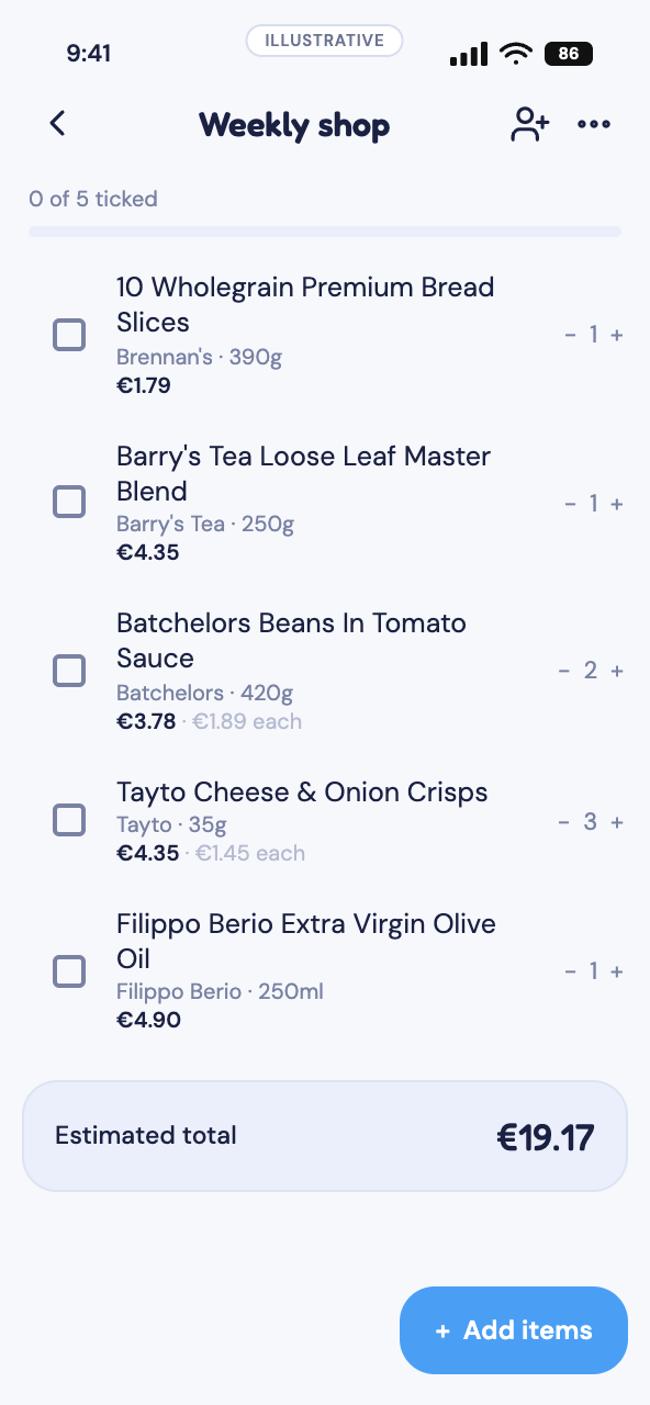 Tallywise shopping list — shared, with each item priced and a running total.