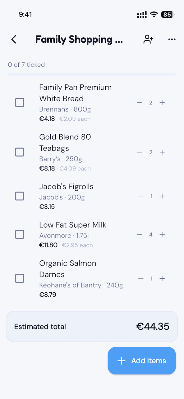 Tallywise shopping list — shared, with each item priced and a running total.