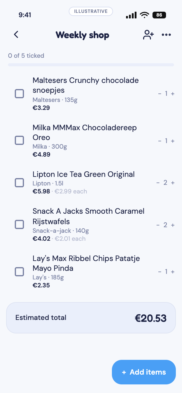Tallywise shopping list — shared, with each item priced and a running total.