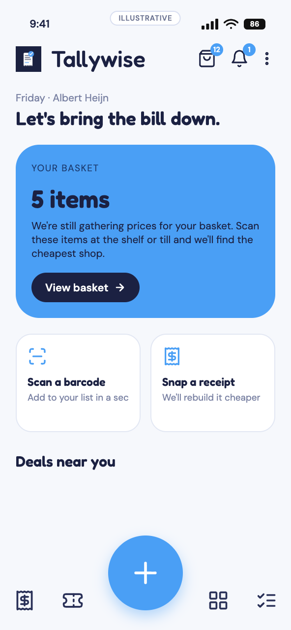 Tallywise scan screen — scan a barcode or snap a receipt.