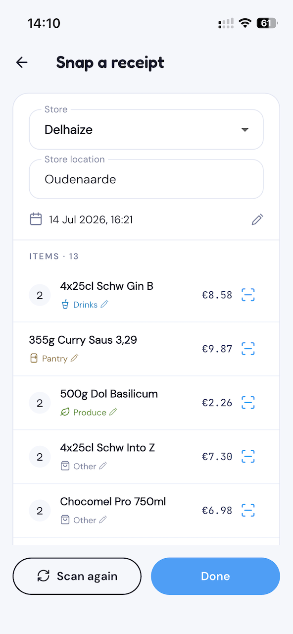 Tallywise receipt screen — parsed items and prices from a shopping receipt.