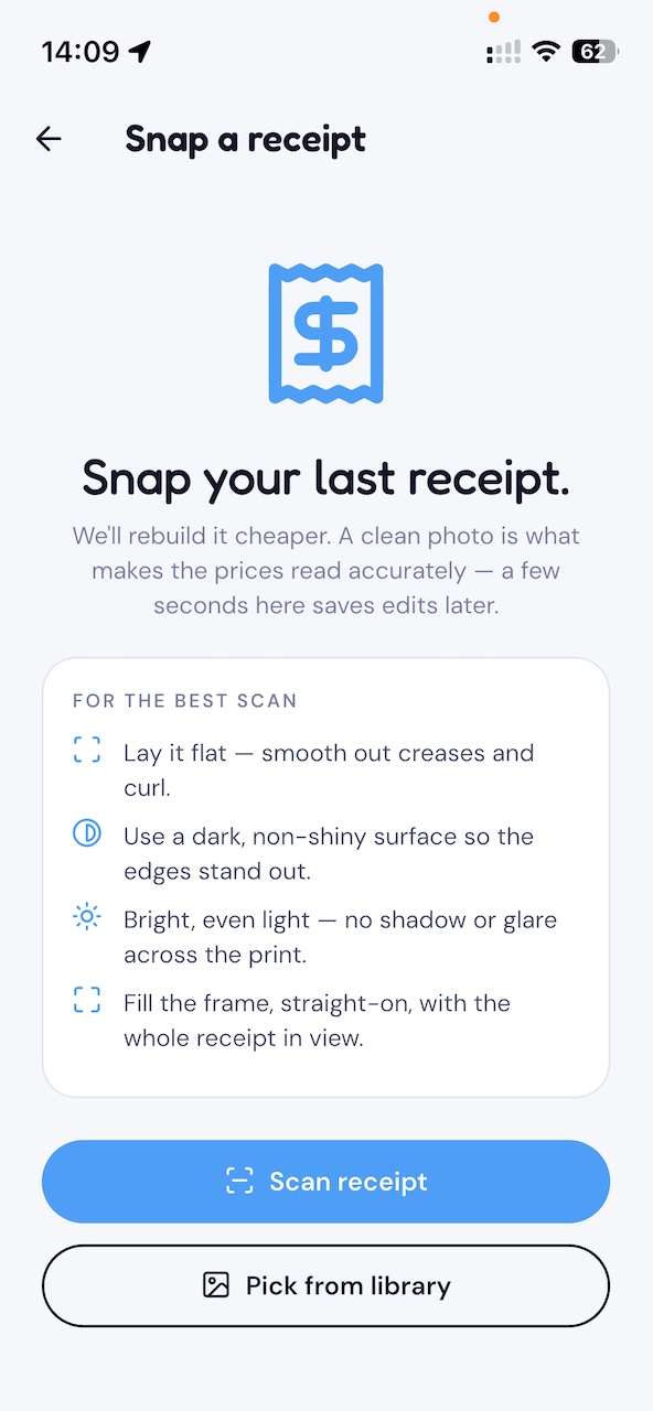 Tallywise scan screen — scan a barcode or snap a receipt.