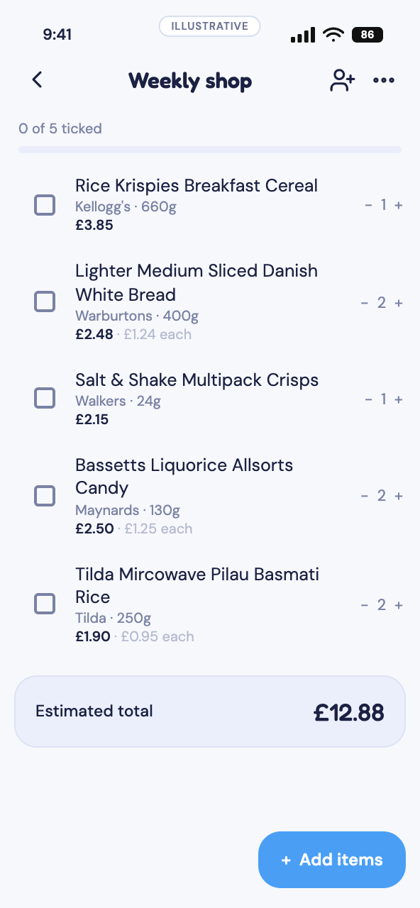 Tallywise shopping list — shared, with each item priced and a running total.